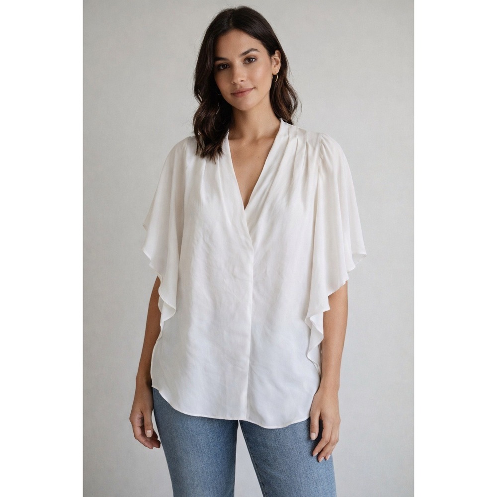 Kobi Halperin S Silk Blouse White Good Draped V-Neck Flutter Cape Sleeve Top